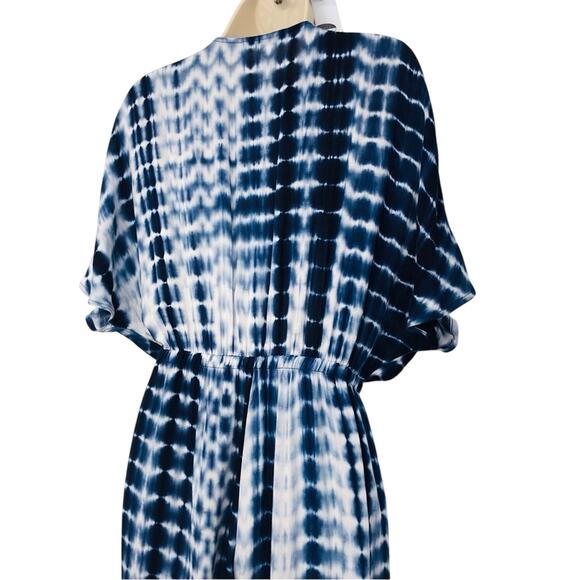 Shein Navy White Tie Dye Palazzo Jumpsuit Plunge Neckline Twisted Knot Front - Picture 13 of 16